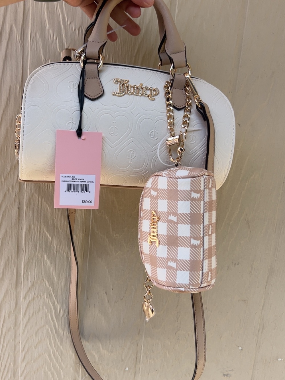 Juicy Couture Cream Dome Satchel with Pink Check Pouch